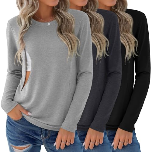 3 Pack Women's Nursing Tops Breastfeeding Shirts Fall - color: Light Gray, Dark Gray, Black, size: Large