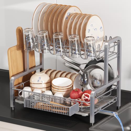 BOOSINY 2 Tier Large Stainless Steel Dish Drying Rack for Kitchen Counter - color: Silver, size: 12.4" D x 17.1" W x 14.2" H