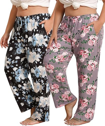 Vozanet Women's Plus Size Pajama Pants 2 Pack Lounge Bottoms with Drawstring and Pockets Ultra-Soft Sweatpants Loose PJS - color: Brown/Black, size: 5X-Large