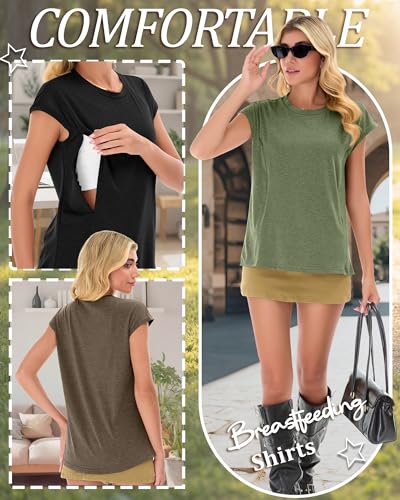 Ficerd 3 Pack Women's Nursing Cap Sleeve Shirts - color: Army Green, Brown, Black, size: Small