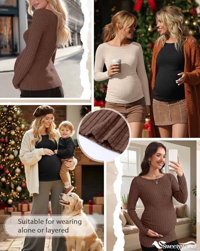 3 Pack Maternity Sweaters Long Sleeve Pregnancy Tops - color: Dark Brown, Apricot, Black, size: Small