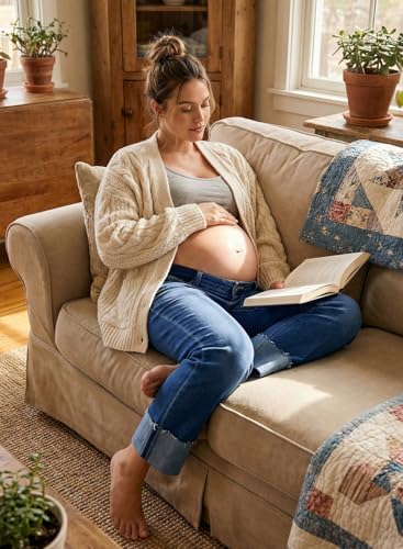 BLENCOT Maternity Jeans for Women Stretchy Summer Cuffed Wide Leg Baggy Denim Pants with Pockets - color: Dirty Blue, size: Small