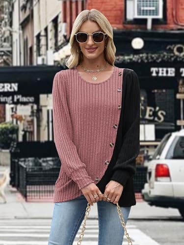 MixShe Womens Knit Sweaters 2026 Fall Winter Casual Long Sleeve Ribbed Colorblock Button Pullover Tops - color: Light Red, size: Medium