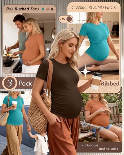 Ficerd 3 Pack Women's Short Sleeve Maternity Shirts - color: Coffee, Pumpkin, Teal, size: Medium