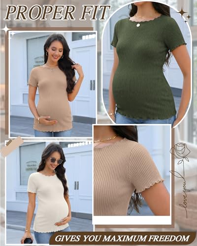 3 Pack Women's Maternity Ribbed Shirts - color: Army Green, Cream, Khaki, size: Small