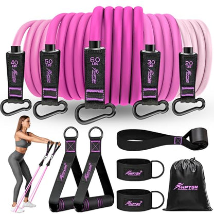 HPYGN Resistance Bands with Handles, 150 lb Exercise Bands for Home Workout - color: pink, style: 200LBS