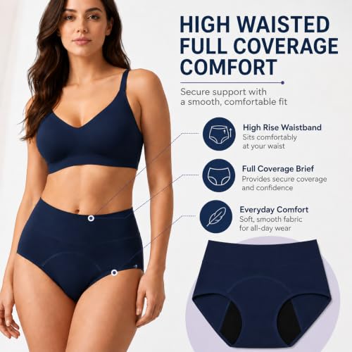 Period Underwear for Women, Leak Proof Menstrual Panties Multi-pack, High Waisted Cotton Full Coverage Briefs - color: Everyday Basics 3-pack, size: Large