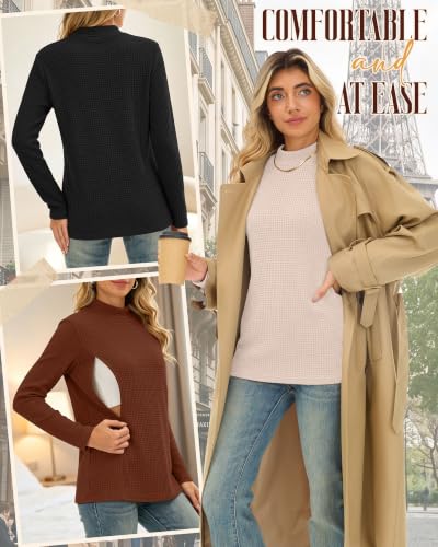 Huukeay 4 Pack Women's Long Sleeve Waffle Nursing Shirts - color: Apricot, Oatmeal, Brown, Black, size: Large