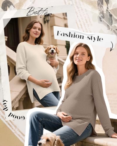 3 Pack Women's Maternity Waffle Knit Shirts - color: Khaki, Apricot, Black, size: Medium