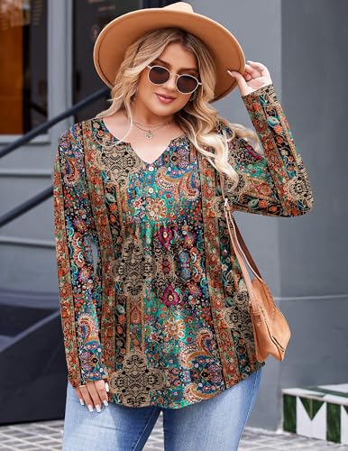 IN'VOLAND Womens Plus Size Long Sleeve Shirts Fall Tunic Top V Neck Shirt - color: Boho-mz721, size: 1X