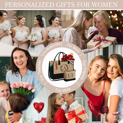YOOLIFE Personalized Gifts for Women Initial Jute Tote Bag Makeup Bag - color: S