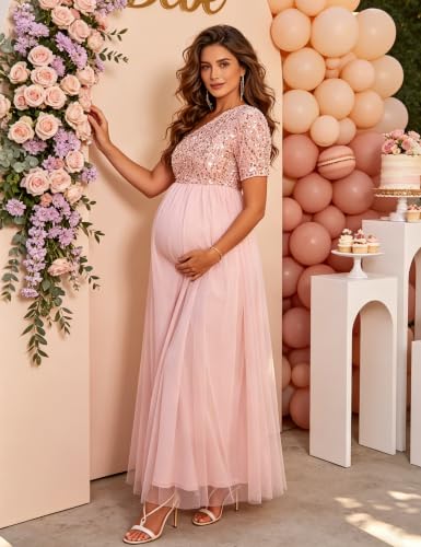 Maternity One Shoulder Sequin Short Sleeve Tulle Maxi Gown - color: Pink, size: Small