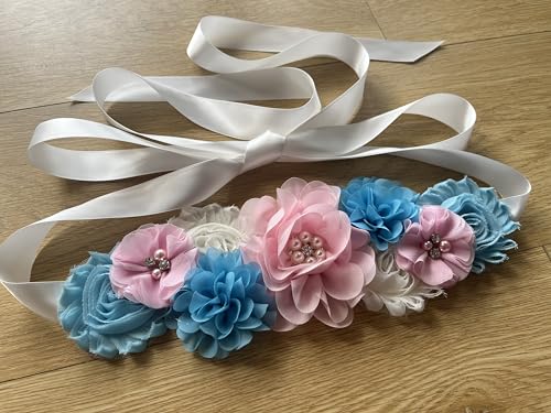 Maternity Flower Belt for baby shower Mommy Sash Pregnancy Belt - color: Pink Blue