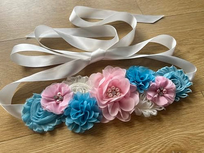 Maternity Flower Belt for baby shower Mommy Sash Pregnancy Belt - color: Pink Blue