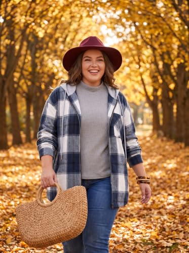 OLRIK Women's Plus Size Hooded Flannel Shacket Zip Up Jacket - color: Beige Blue, size: 3X