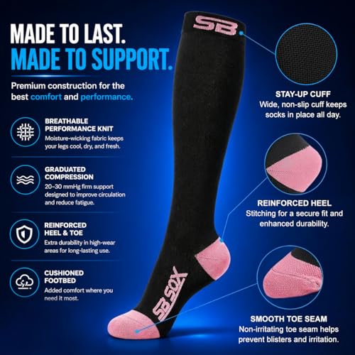 SB SOX Compression Socks for Men & Women (20-30mmHg) - color: Black/Pink, size: Small