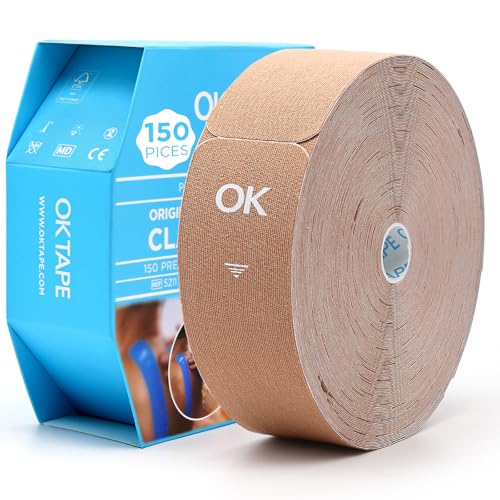 OK TAPE Kinesiology Tape 150 PCS Precut Elastic Strips Bulk 2inx10in/PCS - color: Beige, size: 150 PCS