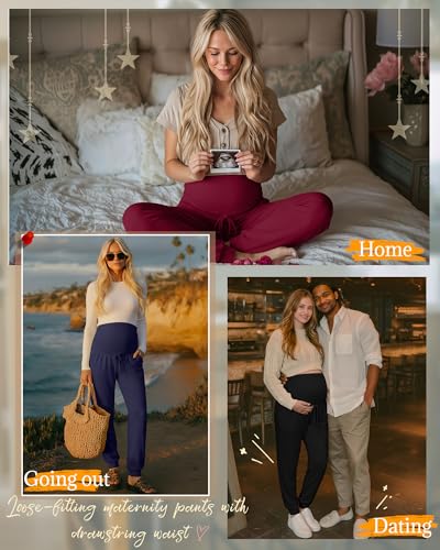 3 Pack Womens Maternity Pants Loose Pregnancy Joggers - color: Wine Red, Navy Blue, Black, size: Small