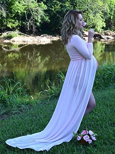 YnimioAOX Maternity Photoshoot Dress Off Shoulder Long Sleeve - color: Light Pink