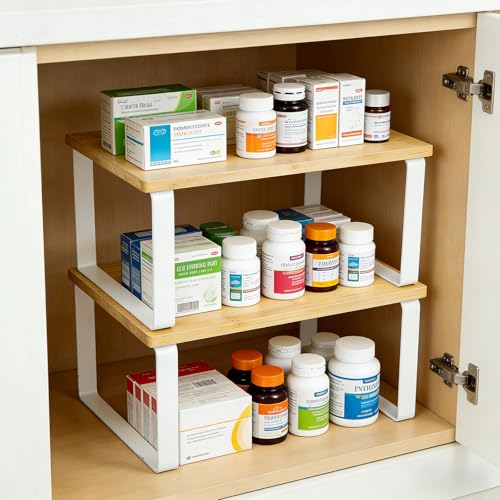 2 Pack Medicine Cabinet Organizer, Expandable and Stackable Medicine Bottle Organizer Shelf, Pill Bottle Organizer for Cabinet and Countertops, Rack for Medicines and Vitamins, Made of Metal & Wood
