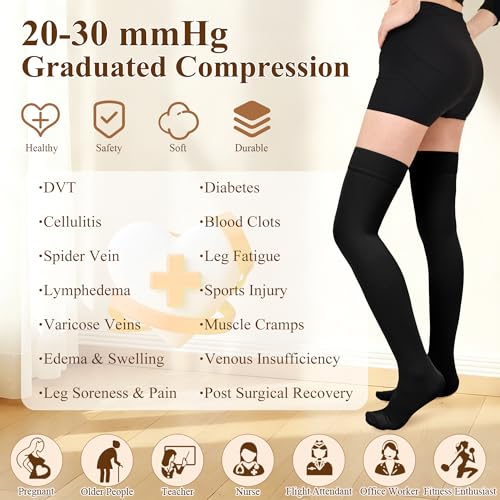 Athbavib 20-30mmHg Thigh High Compression Stockings for Women Men,Close Toe - color: Closed Toe-Black, size: Large