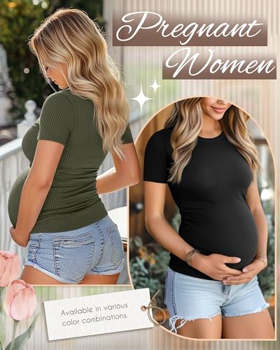 Ficerd 3 Pack Women's Short Sleeve Maternity Shirts - color: Black, Light Army Green, Khaki, size: Large