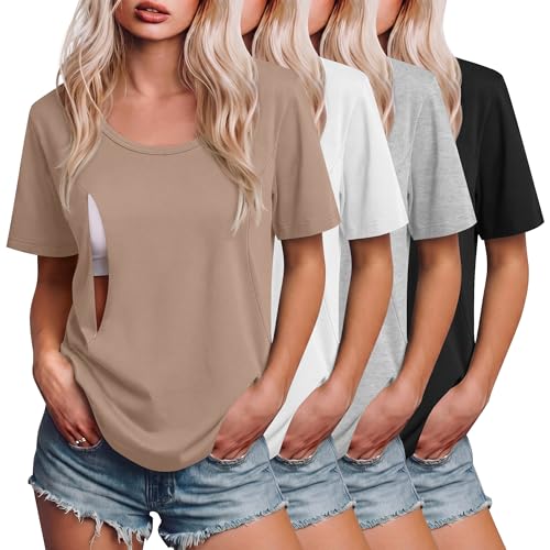 Ficerd 4 Pack Women's Maternity Nursing Shirts - color: Khaki, White, Light Gray, Black, size: Large
