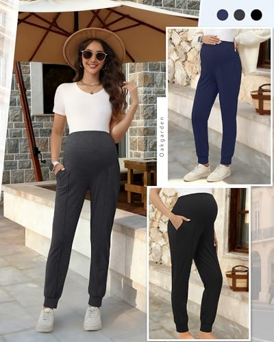 Oakgarden 3 Pack Women's Maternity Pants Over the Belly Joggers - color: Black, Dark Mixed Gray, Dark Blue, size: Small