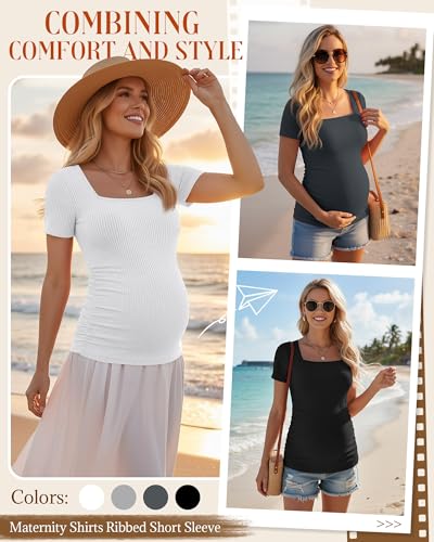 Huukeay 4 Pack Women's Short Sleeve Maternity Shirts - color: Black, Dark Gray, Light Gary, White, size: Medium