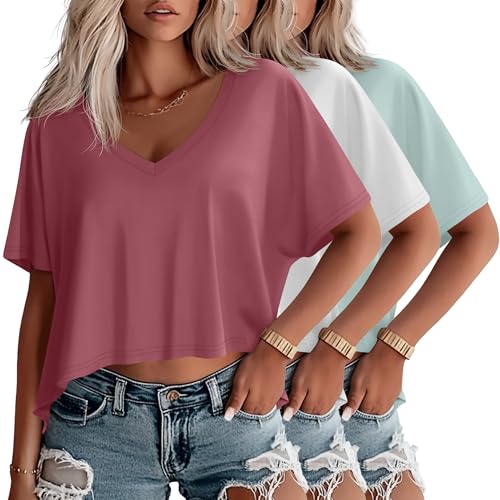 Huukeay 3 Pack Women's Oversized V Neck T Shirts - color: Berry, White, Aqua, size: X-Large