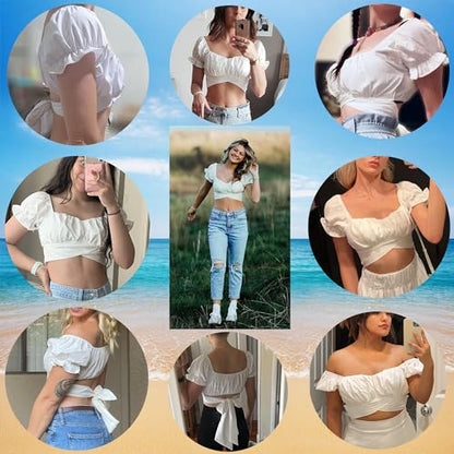 Women's Crop Tops Ruffle Short Sleeve Tie Back Off Shoulder Blouse - color: White, size: X-Large