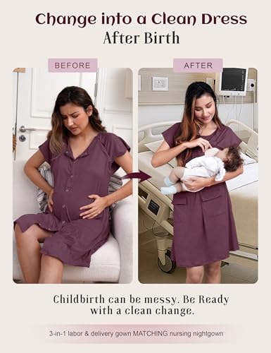 SUNNYBUY 2 PCS Maternity Labor & Delivery Gown with Matching Nursing Dress - color: Burgundy, size: Medium