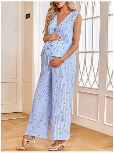 MakeMeChic Women's Maternity Summer 2 Piece Outfits Pregnancy Boho Vacation Striped Bow Top and Pants Set - color: Blue and White, size: Large