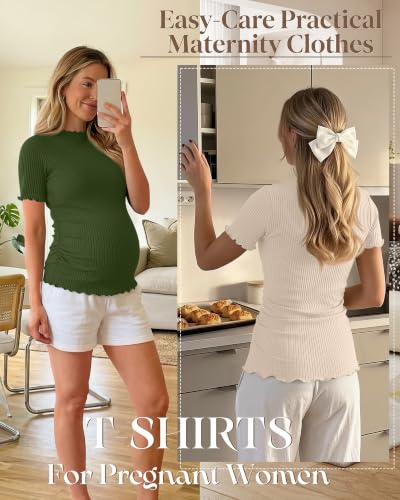 3 Pack Women's Ribbed Maternity Tops - color: Army Green, Beige, Mixed Black, size: Small