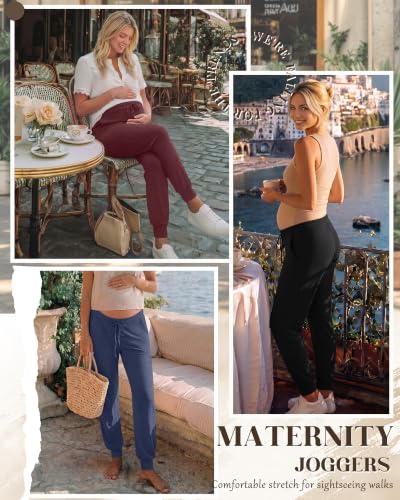 3 Pack Women Maternity Pants Pregnancy Lounge Jogger - color: Black, Dark Blue, Wine Red, size: Medium