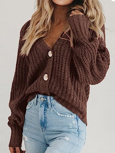 PRETTYGARDEN Women's Chunky Knit Open Front Cardigan Sweaters Fall Outfits - color: Brown, size: X-Small