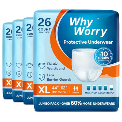 WhyWorry Incontinence Underwear for Women & Men, XLarge, 104 Count - size: X-Large (104 Count)
