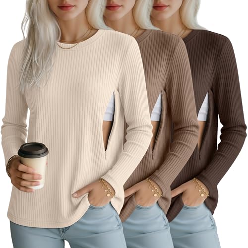 3 Pack Womens Long Sleeve Nursing Shirts, Ribbed Knit - color: Apricot, Camel, Brown, size: Small