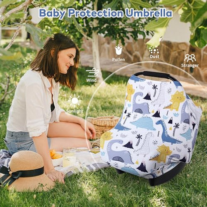 Rquite 4-in-1 Baby Car Seat Canopy, Stretchy Nursing Breastfeeding Cover - color: Blue Dinosaur