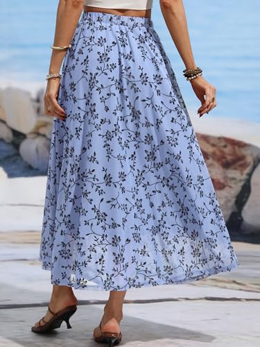 ELLEVEN Women’s Boho Floral Mesh Maxi Skirt - color: Dusty Blue, size: Small