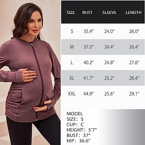 DEBELLY Maternity Sweatshirt Zip Up Hoodie Pockets Pregnancy Postpartum - color: Burgundy, size: Small