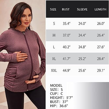DEBELLY Maternity Sweatshirt Zip Up Hoodie Pockets Pregnancy Postpartum - color: Burgundy, size: Small