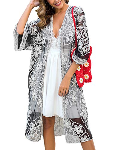 Women's Lace Cardigan Floral Crochet Sheer Beach Cover Ups Long Open Kimono - color: Black White