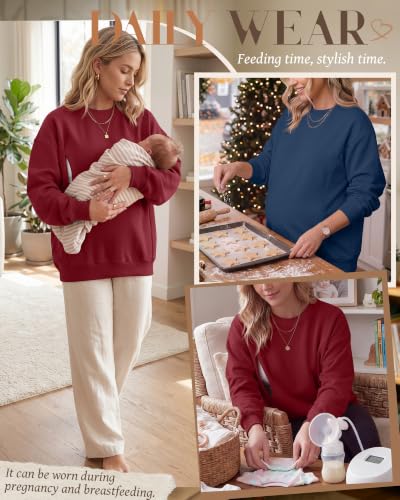 Locoowai 2 Pack Women's Oversize Nursing Sweatshirts - color: Wine Red, Navy Blue, size: Large