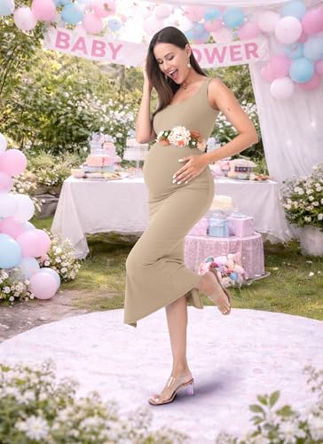 Rnxrbb 2 PCS Maternity Dress Cardigan Set Bodycon Dresses for Women Long - color: Light Coffee, size: Medium