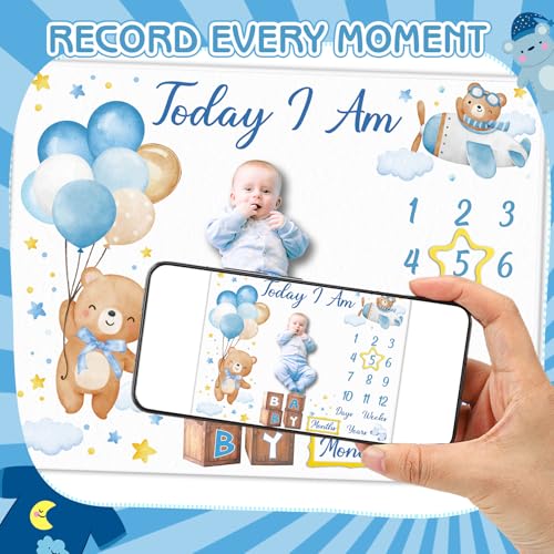 Bear Baby Monthly Milestone Blanket Bear Star Balloon Flannel Blanket
