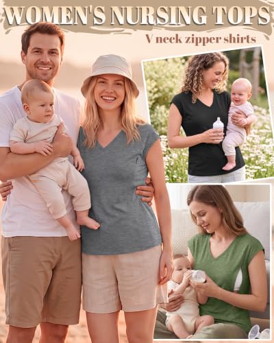 3 Pack Womens Nursing Tops V Neck - color: Army Green, Gray, Black, size: X-Large