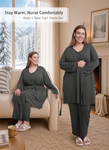 Rnxrbb 4 PCS All-Season Nursing Pajamas Robe Set Maternity Postpartum Pjs - color: Deep Gray, size: Small