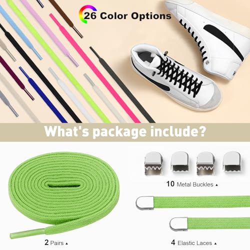 Stepace 2 Pairs Flat Elastic No Tie Shoe Laces for Kids and Adults Sneakers - color: Apple Green