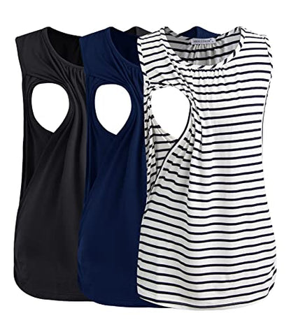 Smallshow Women's Maternity Nursing Tank Tops Breastfeeding Clothes 3-Pack - color: Black-navy-white Stripe(3 Packs), size: Small